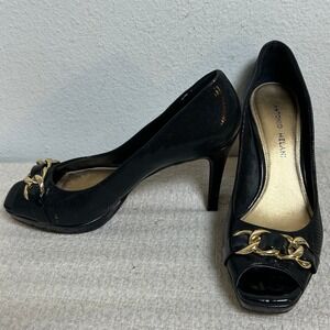 Antonio Melani Black Snake Embossed Peep Toe Chain Heels Size 7M High Pumps
